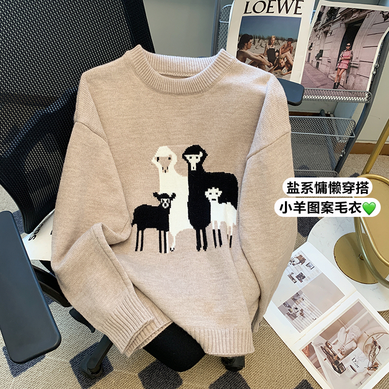 實拍設計感寬鬆小個子 小羊一家 慵懶風軟萌小羔羊提花羊毛毛衣