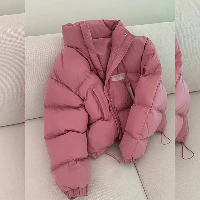 Pink white short high-end fashionable cotton jacket for women 2023 winter new European drawstring bread jacket