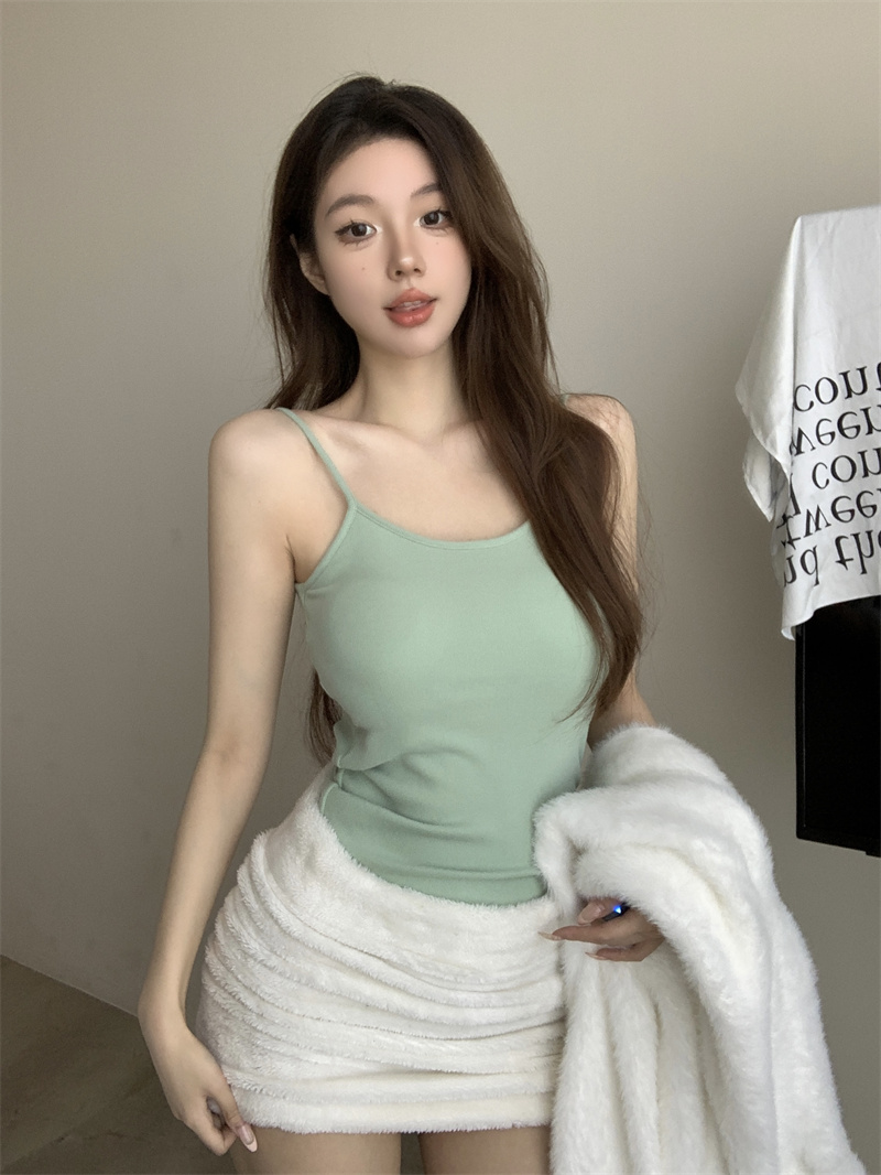 實拍價 秋冬磨毛絨絨保暖帶胸墊顯瘦細肩帶打底背心吊帶上衣