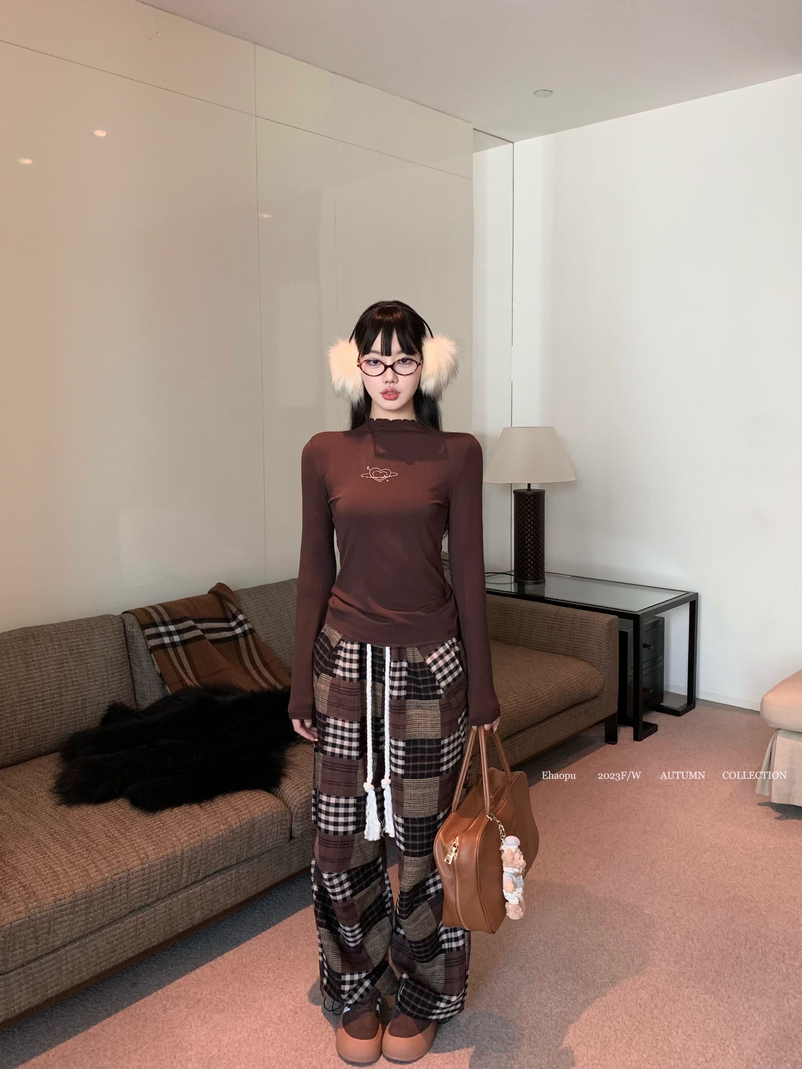 實拍 咖色半高領美拉德打底衫 格子拼接抽繩直筒休閒褲