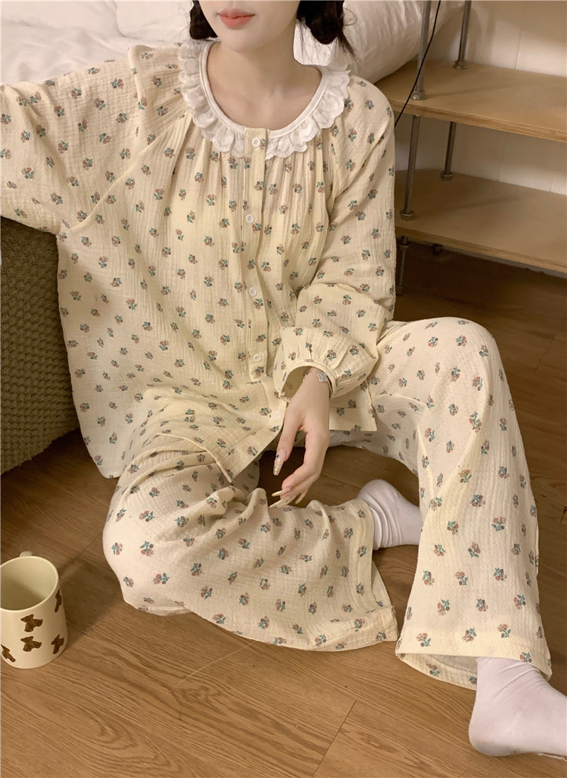實拍韓版甜美休閒簡約寬鬆舒適軟棉雙紗甜美花朵家居服套裝