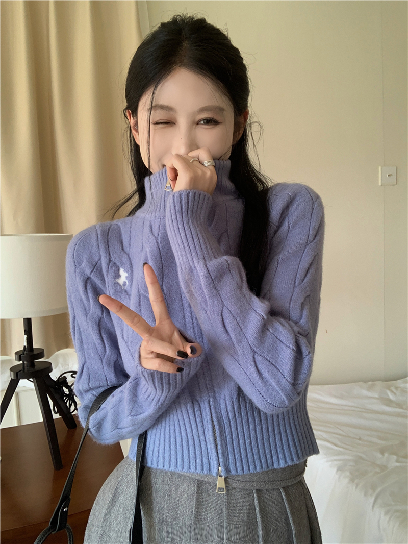 實拍 刺繡立領針織開衫女冬季修身內搭短款雙拉鏈外套