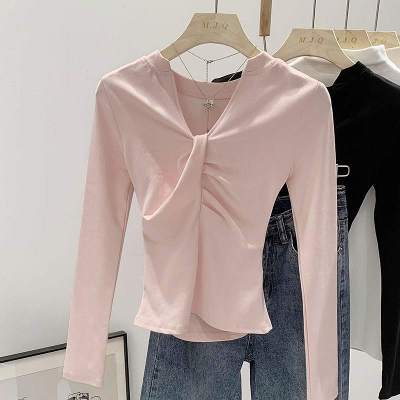 Actual pictures of cross-knot V-neck sweater with design for women, niche temperament, slim fit, long-sleeved T-shirt top