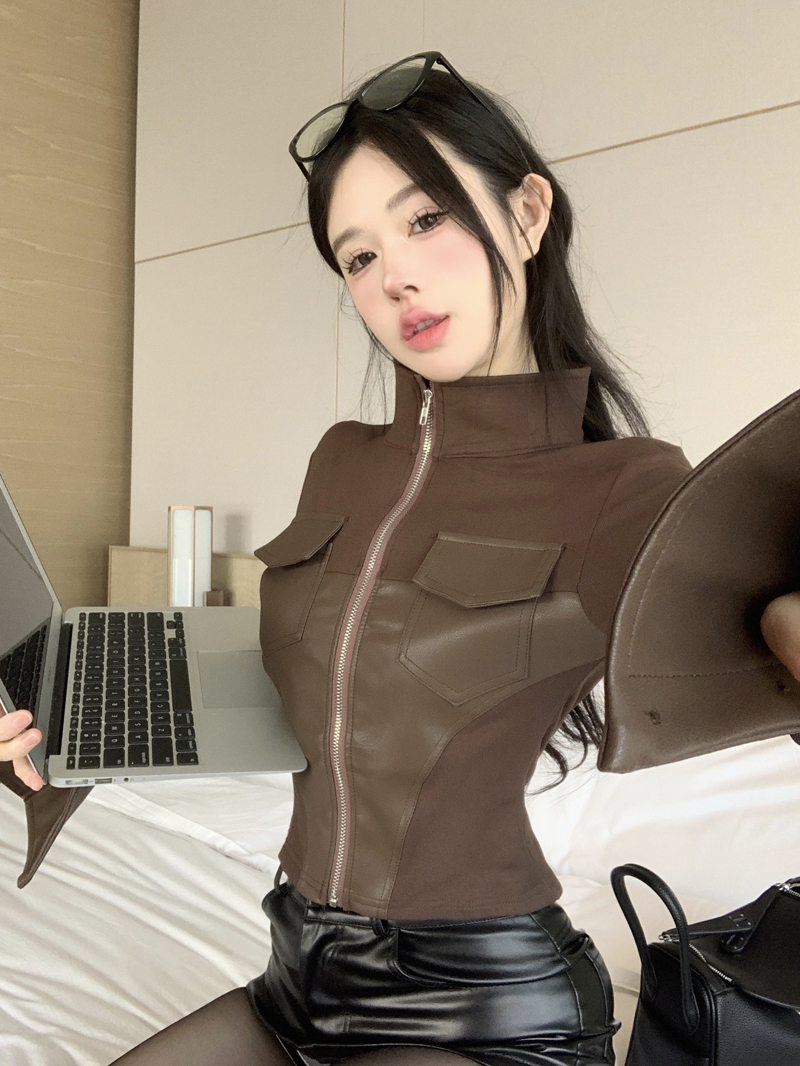 Real shot of designer spliced ​​PU leather short coat for women in autumn and winter lapel double zipper long-sleeved cardigan coat