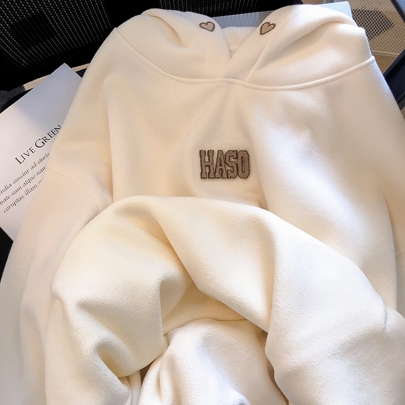 310g imitation cotton interwoven fabric, non-pilling, winter velvet sweatshirt for women, hooded towel embroidery, double layer hood with back strip