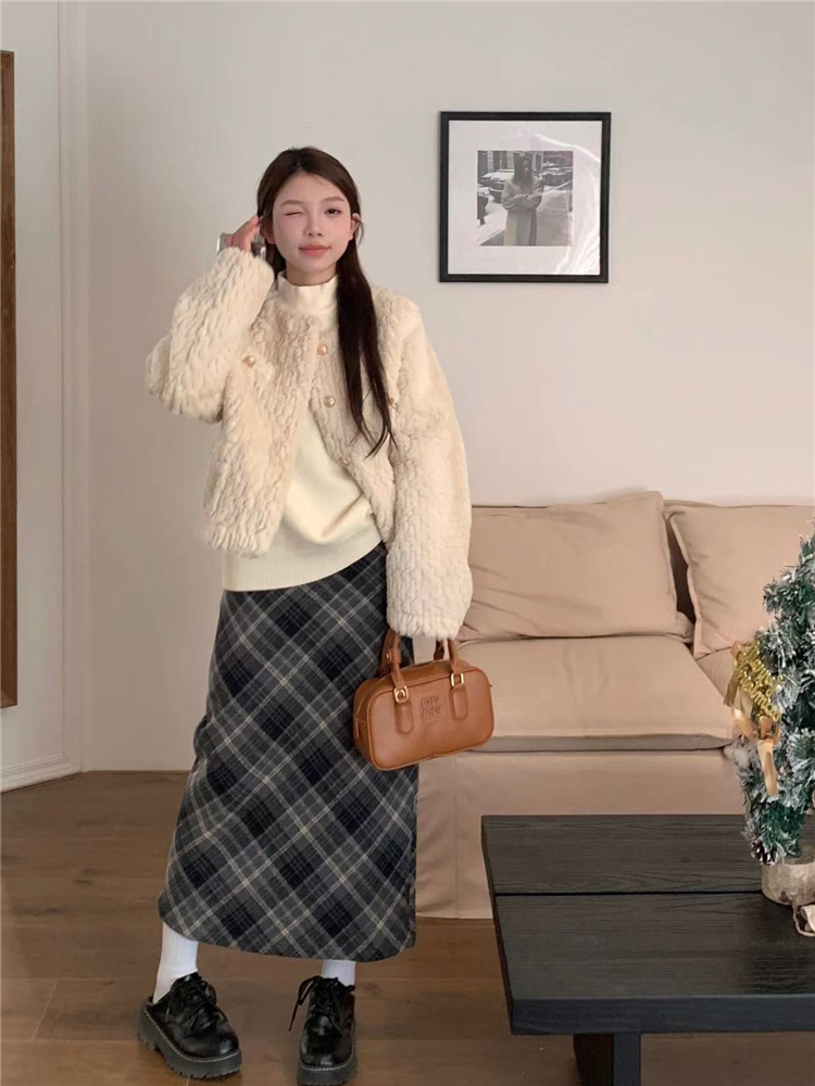實拍~大碼女裝小香風毛絨紐扣外套女+法式復古格紋半身裙套裝
