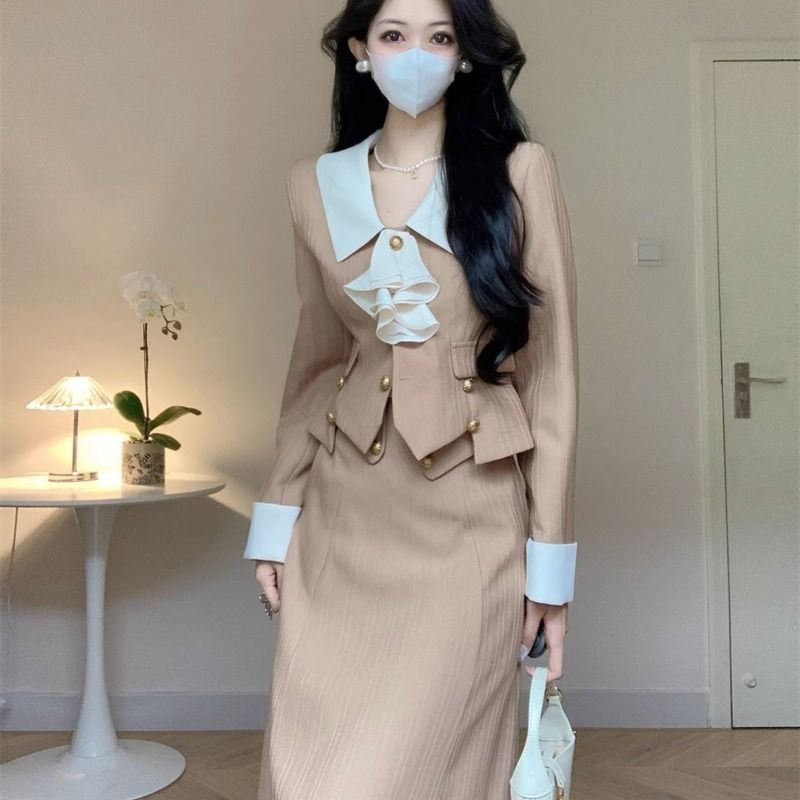 French contrasting color temperament long-sleeved suit jacket mid-length skirt for women autumn 2023 new fashion two-piece set