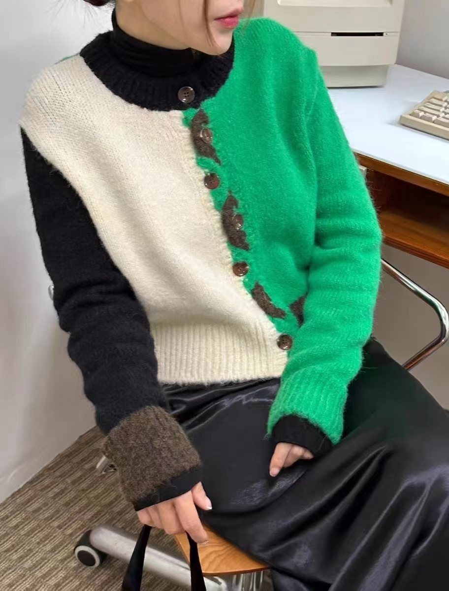 韓國東大門女裝2023秋冬季新款拼色系扣百搭長袖開衫針織毛衣外套