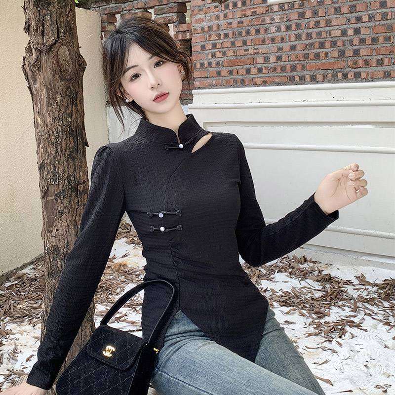 High-end new Chinese style national style long-sleeved T-shirt for women in spring and autumn retro slim inner top
