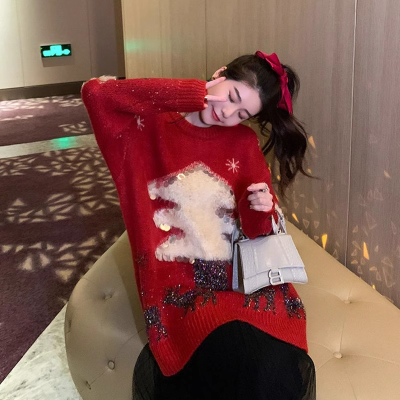 聖誕新年毛衣女裝秋冬新款內搭韓版寬鬆慵懶風套頭外穿針織衫上衣