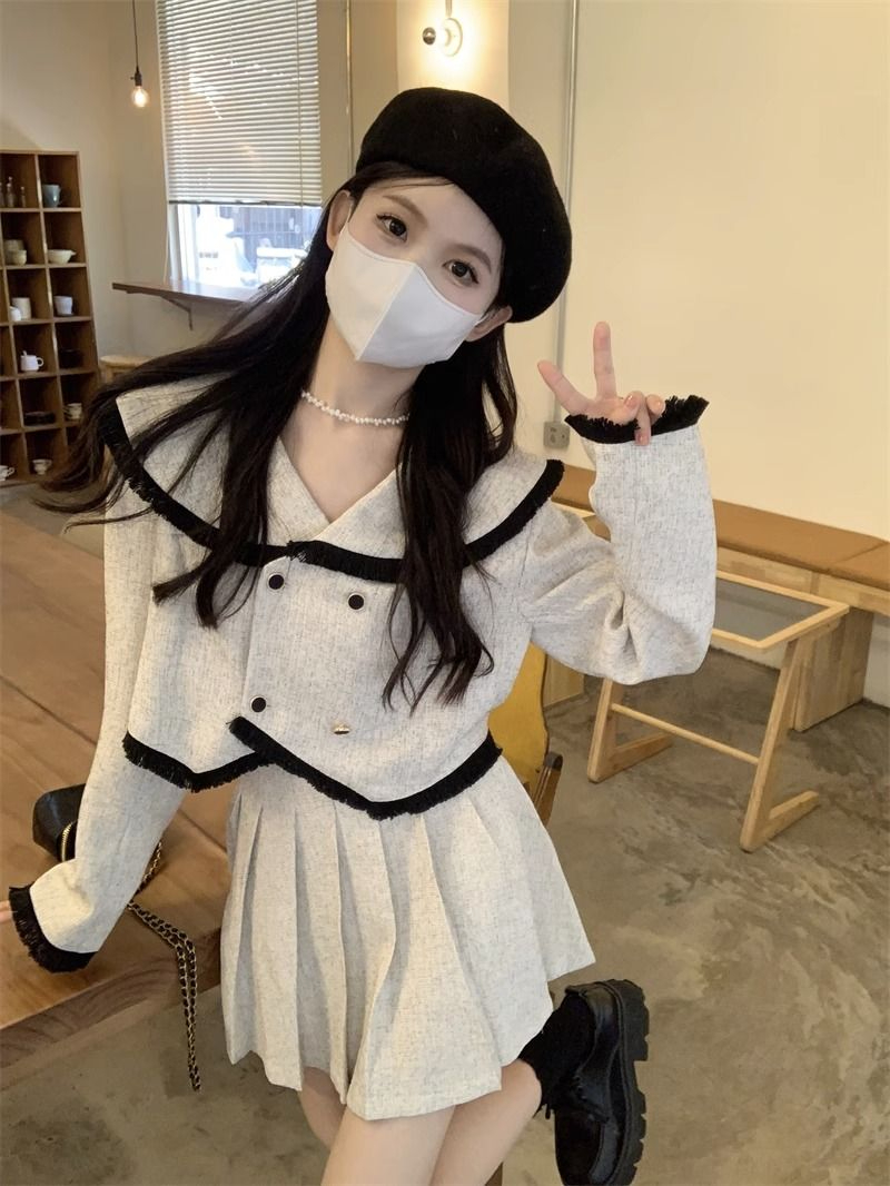 秋冬2023新款小香風氣質百搭顯瘦短款長袖外套女+高腰百褶裙套裝