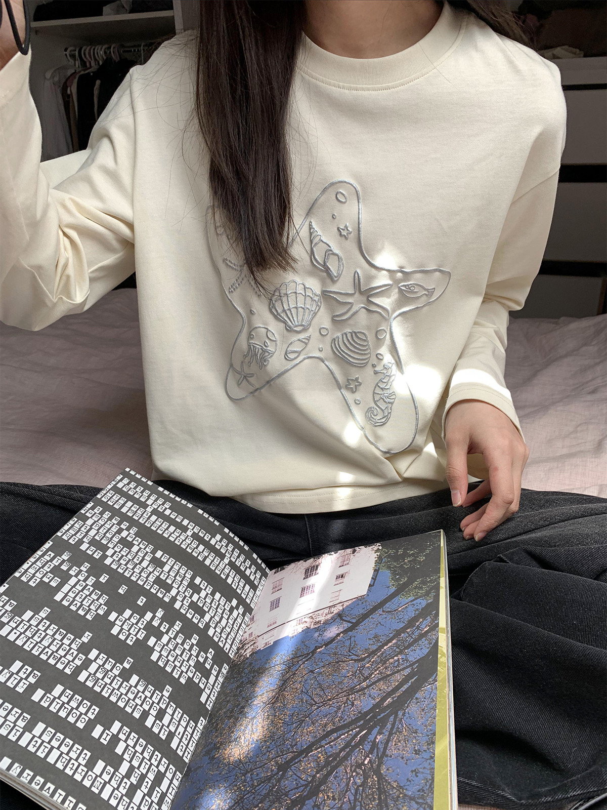 高彈羅紋德絨 海洋元素印花長袖t恤款簡約寬鬆打底上衣