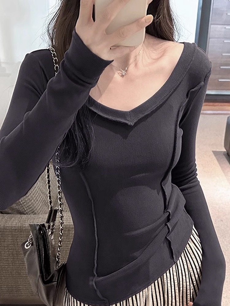 高彈德絨羅紋 辣妹V領打底衫女秋裝顯身材正肩長袖t恤