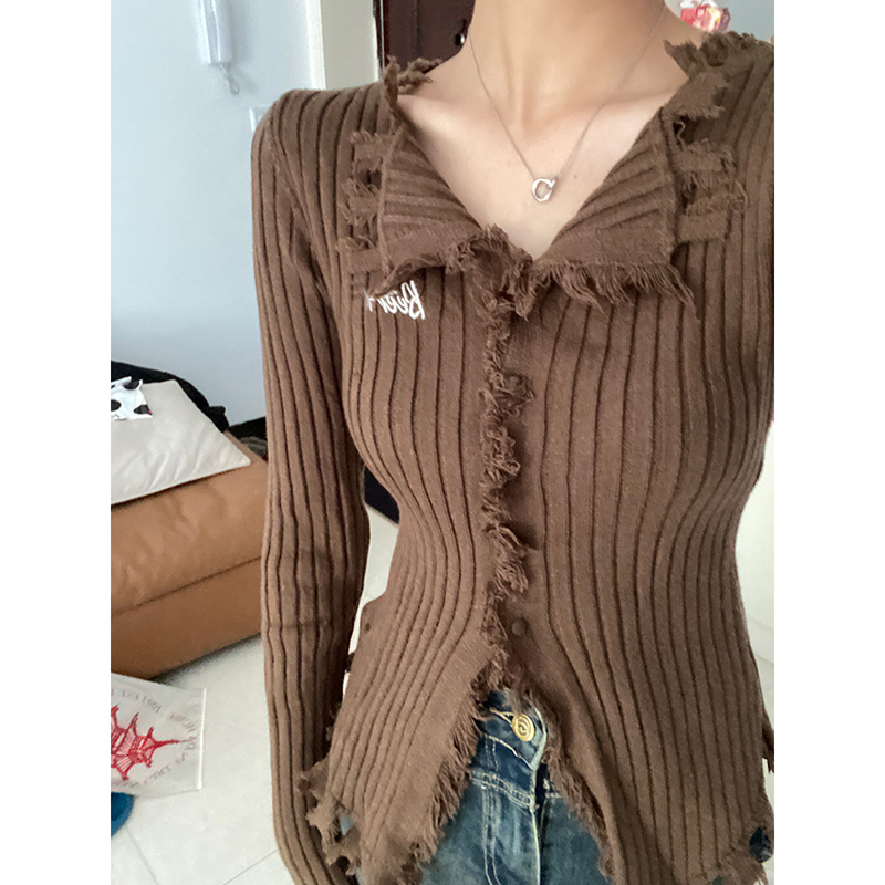 品質 美式辣妹流蘇咖色開衫毛衣外套女毛織內搭打底衫秋季