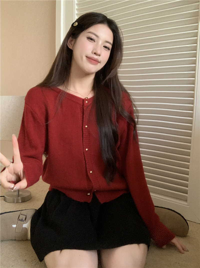 實拍 新款 紅色聖誕少女金扣慵懶百搭洋氣毛衣短款外套女