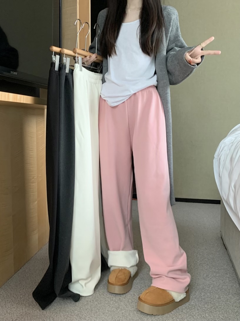 Actual shot of new high-waisted slimming soft solid-color woolen thickened and velvet warm casual straight wide-leg pants