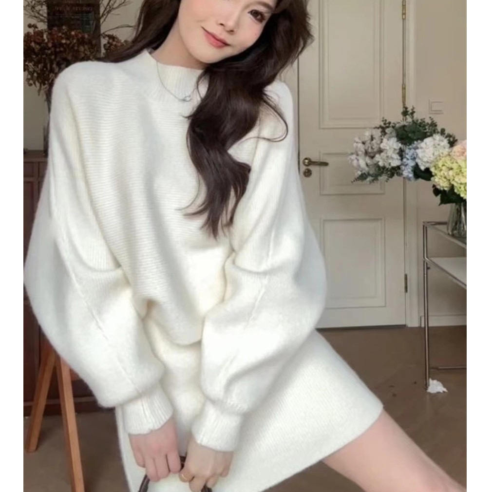大錢DAQIAN月光舒曼慵懶半高領毛衣套裝秋冬韓版長袖純色