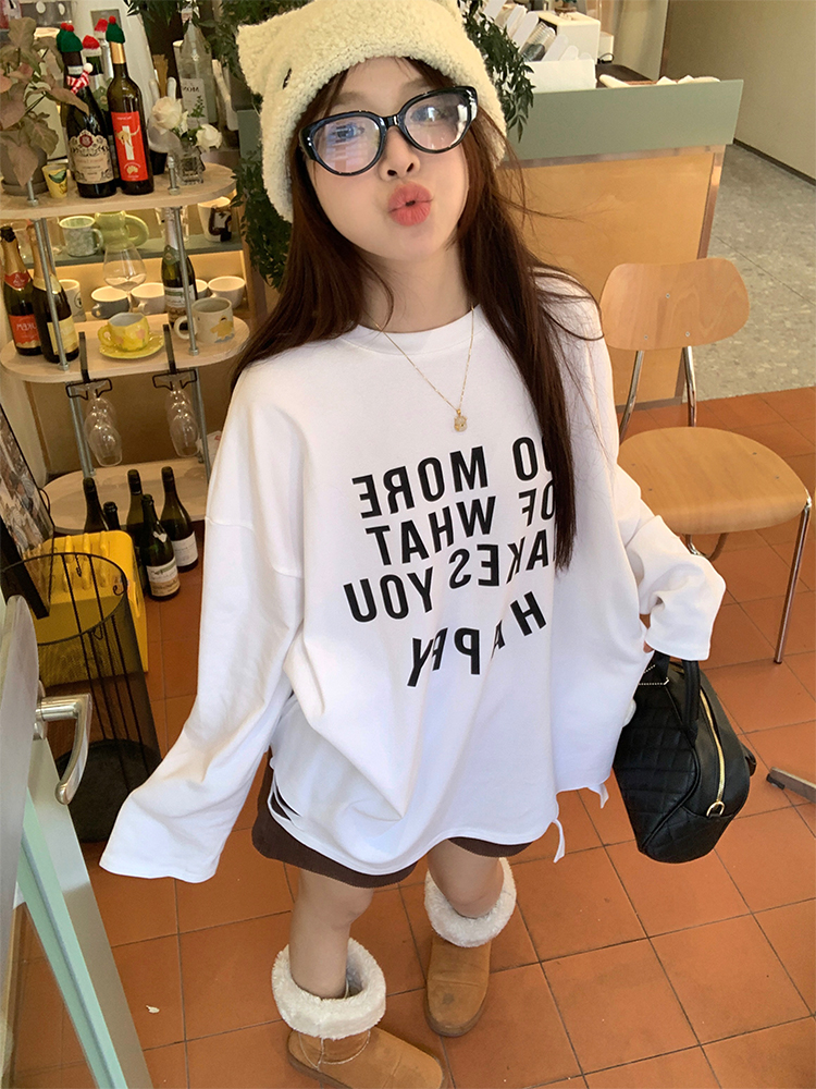 Actual shot of autumn and winter Korean chic simple and versatile letter print cut design thickened T-shirt