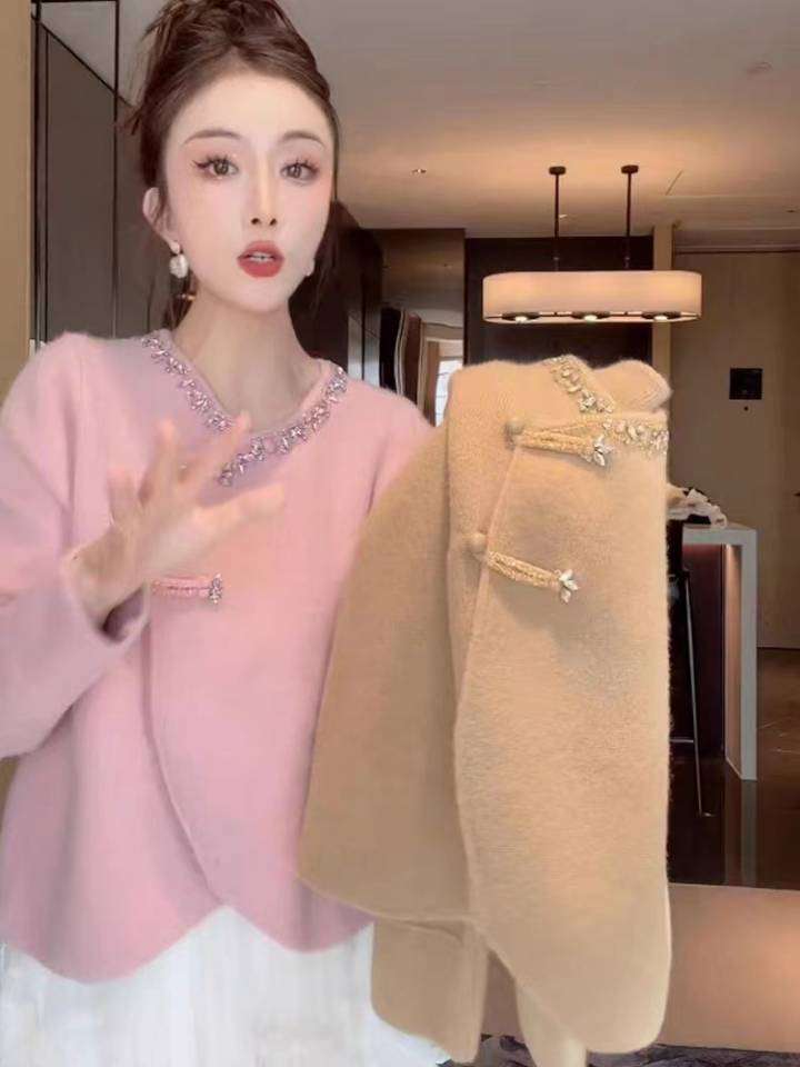 歐貨設計感重工鑲鑽不規則系帶流蘇針織衫女秋冬時尚百搭洋氣毛衣