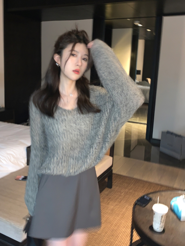 軟糯糯隨意感雜色綿羊毛粗織蓬鬆寬鬆V領長袖毛衣女