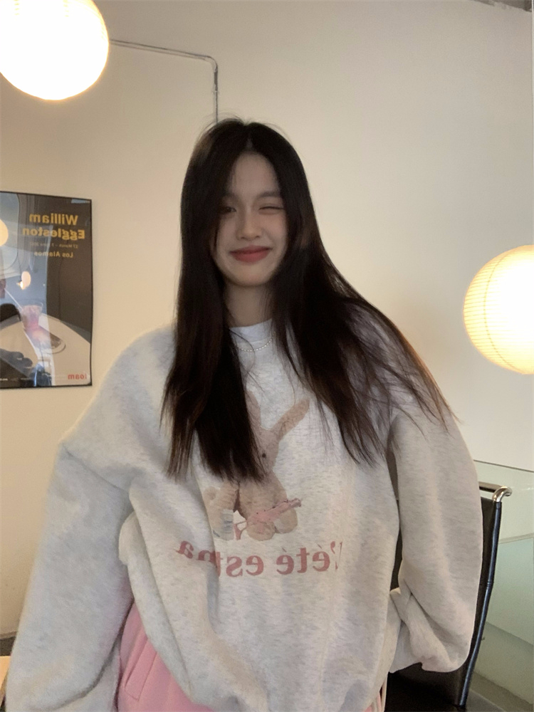慵懶風寬鬆套頭加絨衛衣女秋冬新款韓系卡通小兔長袖圓領無帽上衣