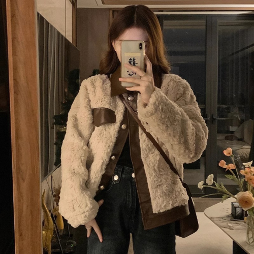 Fur-in-one small fragrant jacket for women in autumn and winter new style retro patchwork leather short lamb wool cotton coat small thickened