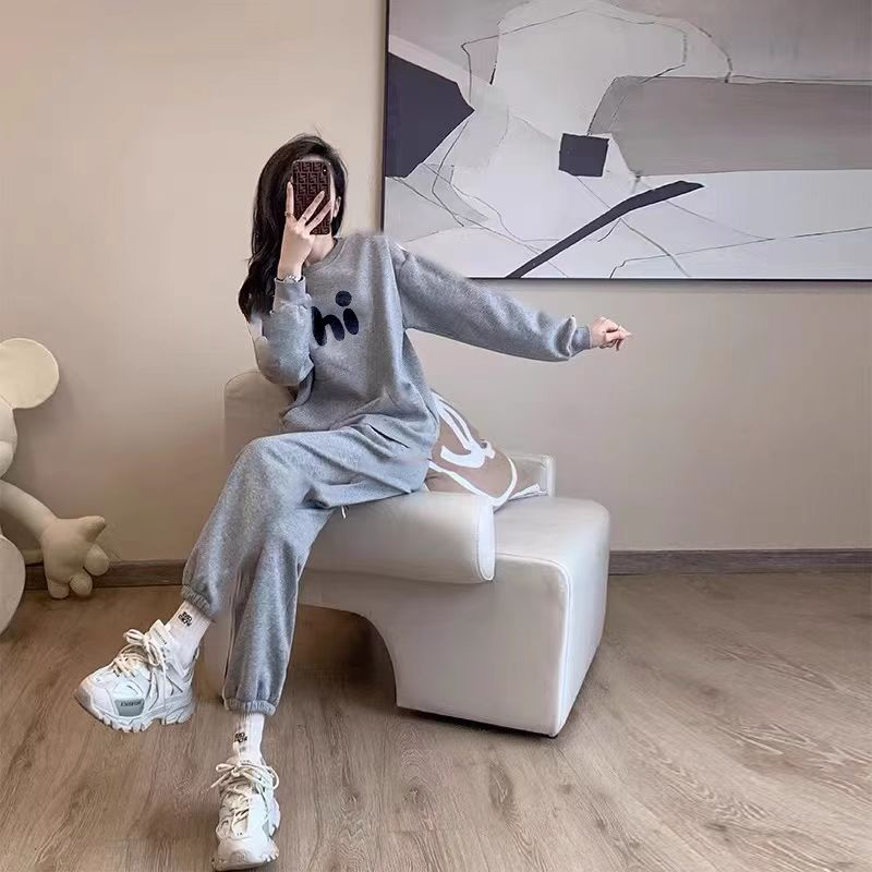 時尚運動服套裝女秋冬季洋氣減齡加絨加厚圓領衛衣束腳衛褲兩件套