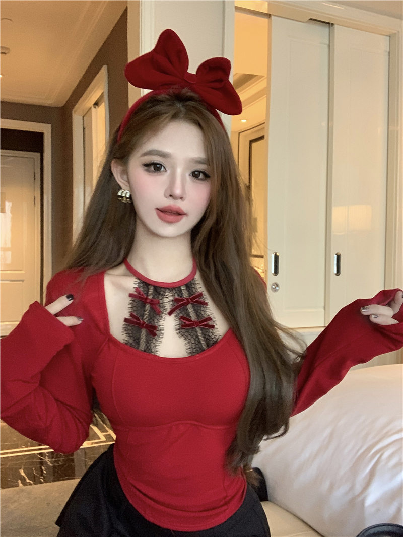 實拍~掛脖蕾絲打底衫長袖t恤秋冬修身設計感小眾辣妹短款上衣