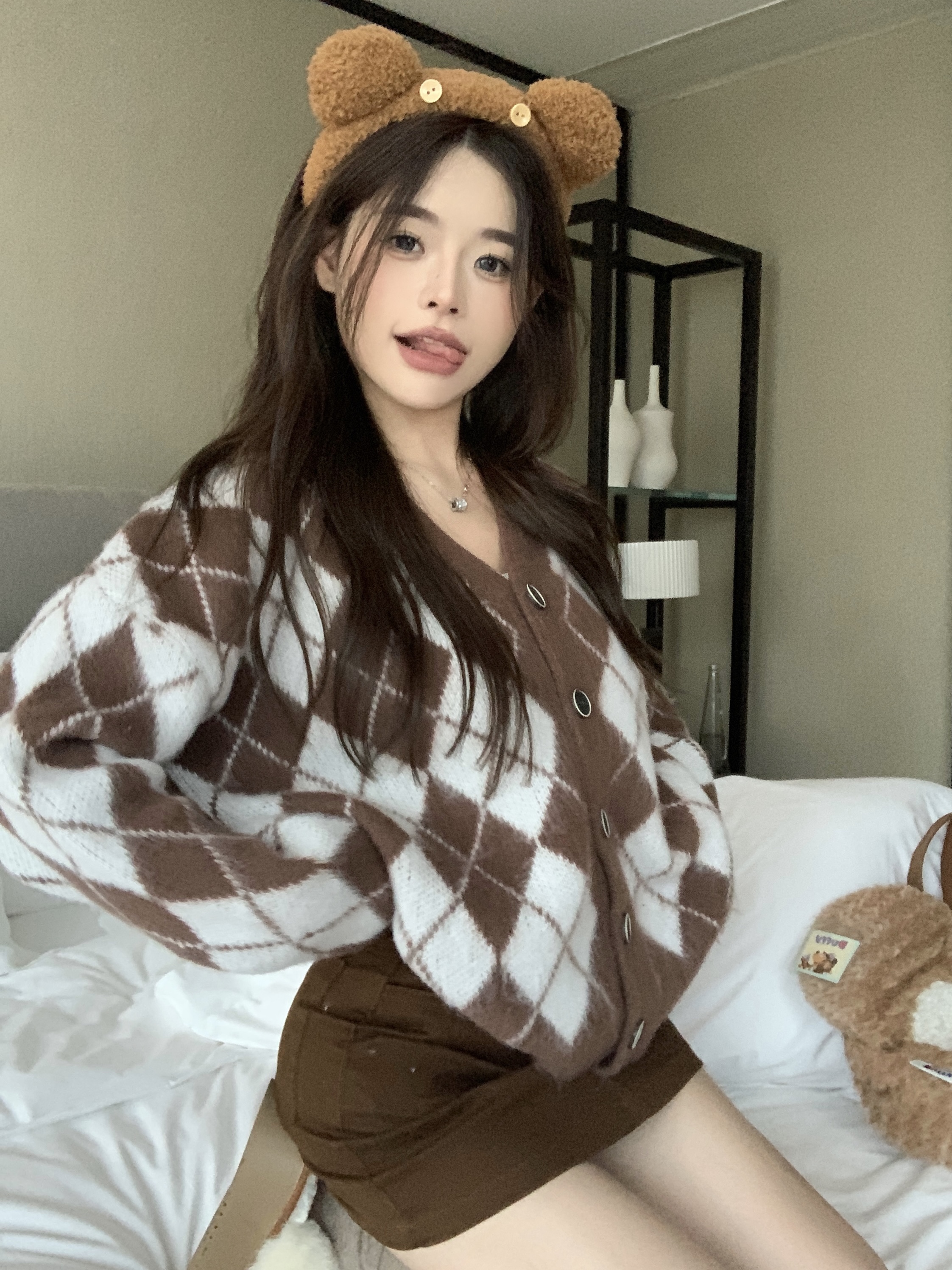 實拍 韓版開衫毛衣寬鬆復古菱格V領針織外套