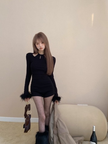 Real shot!  Fake two-piece furry cuff long-sleeved tops and bottoming shirts