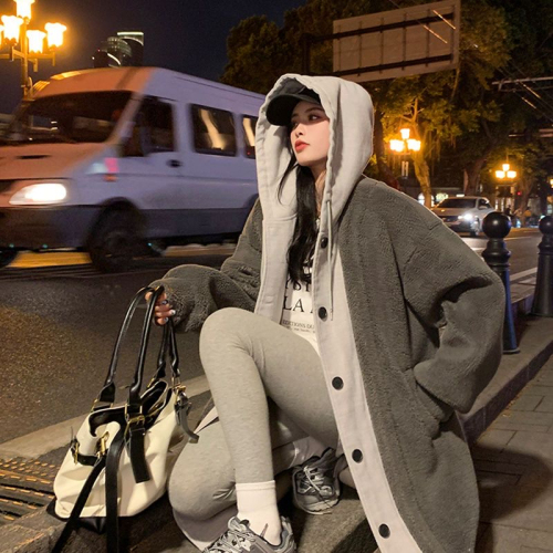 Korean chic autumn and winter new long hooded skirt jacket sherpa versatile loose fashion jacket ins trend