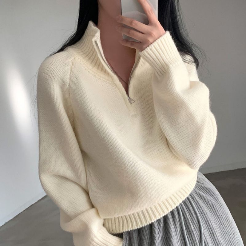 韓國chic設計感半拉鏈立領純色毛衣女秋冬百搭寬鬆針織上衣