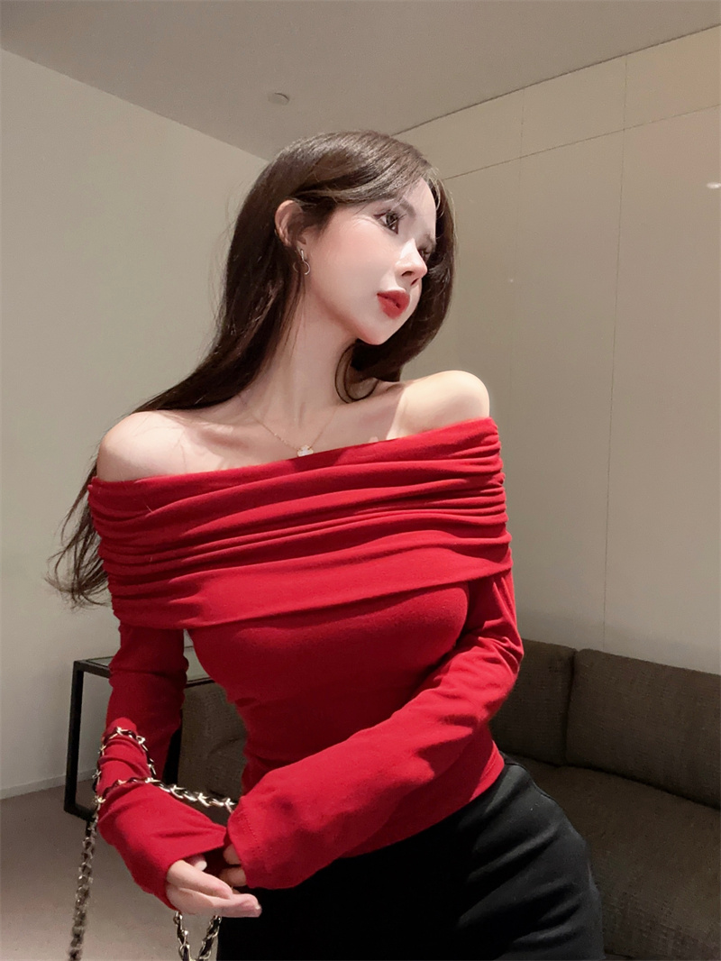 Korean version slimming one-line collar, off-shoulder design, long-sleeved pure lust top, bottoming shirt, trendy real shot for women