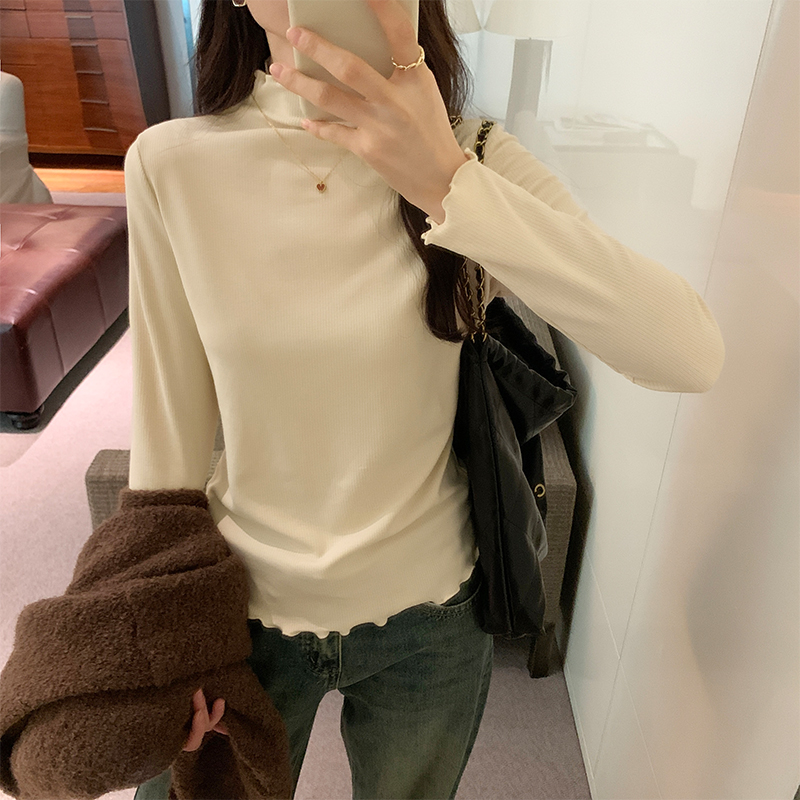 實拍圖加絨打底衫女內搭2023新款半高領洋氣木耳邊中領磨毛上衣