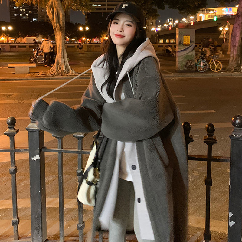 Korean chic autumn and winter new long hooded skirt jacket sherpa versatile loose fashion jacket ins trend