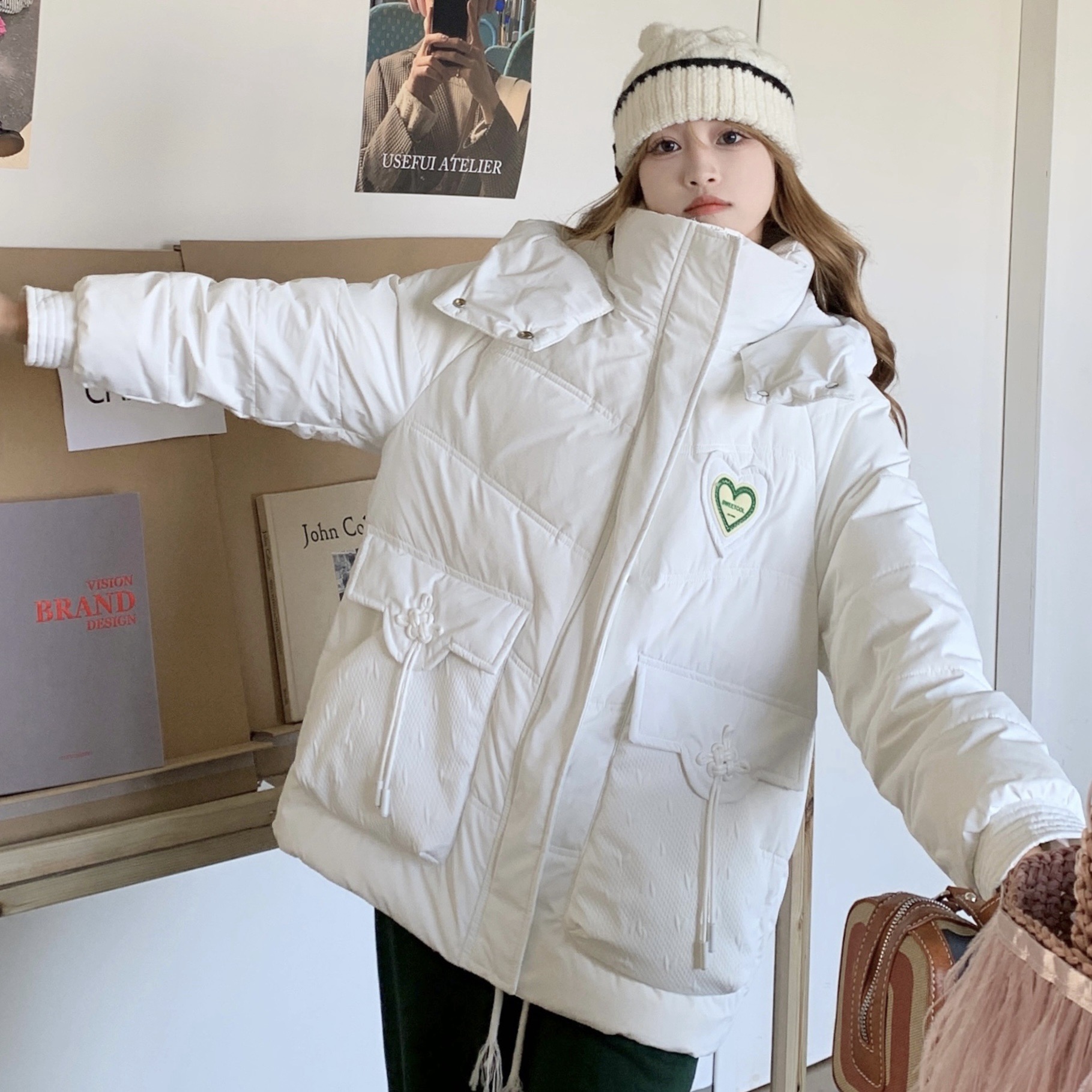 Beautiful Wardrobe White Duck Down Jacket Women's Hooded Loose Short Korean Style Casual College Style Down Jacket
