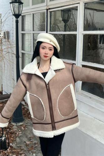 Actual shot of Korean style buckskin velvet one-piece lambswool jacket with stand-up collar