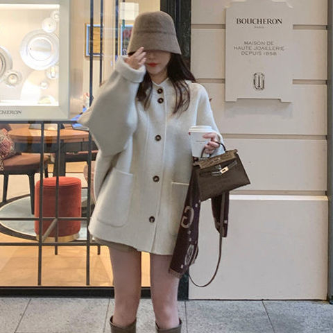 Hepburn style cloak woolen coat for women autumn and winter new hooded solid color mid-length pink cute woolen coat for women