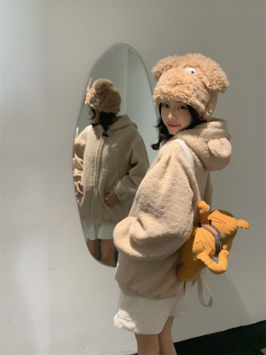 Actual shot of winter thickened bear ears hooded warm lamb wool jacket top for women