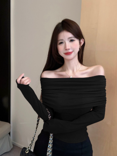 Korean version slimming one-line collar, off-shoulder design, long-sleeved pure lust top, bottoming shirt, trendy real shot for women