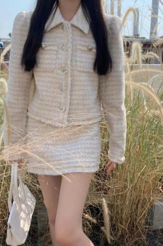 Actual shot of Korean style slim-fitting long-sleeved plaid woolen jacket