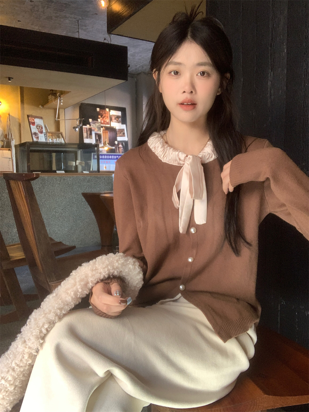 實拍蝴蝶結甜美法式打底衫女秋冬溫柔少女感綁帶針織開衫上衣