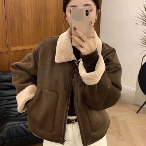 European high-end fur one-piece lambswool jacket for women in autumn and winter thickened lapel motorcycle jacket top