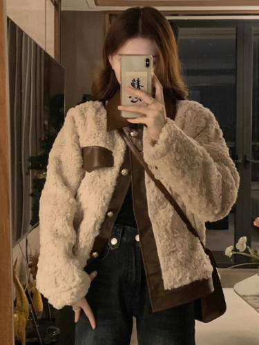 Fur-in-one small fragrant jacket for women in autumn and winter new style retro patchwork leather short lamb wool cotton coat small thickened