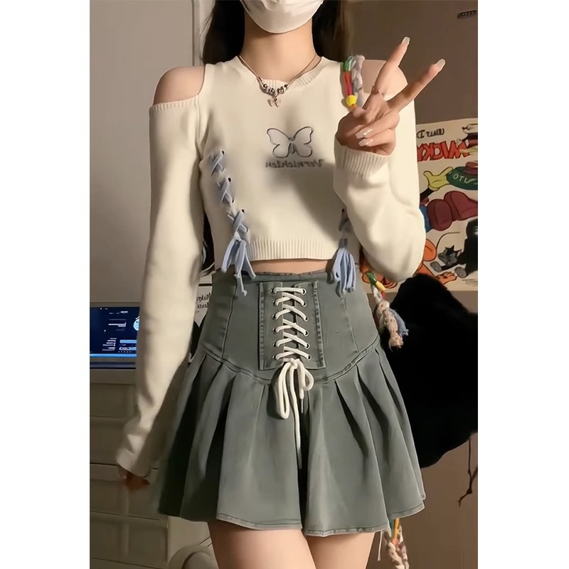露肩純欲風針織衫辣妹短款上衣女綁帶修身長袖毛衣設計感小眾秋冬