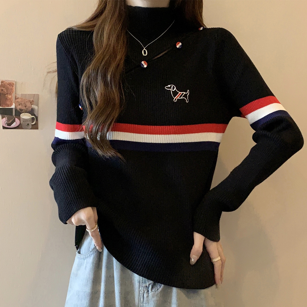 實拍大碼女裝2023秋冬新款條紋卡通刺繡百搭毛衣顯瘦遮肉針織衫
