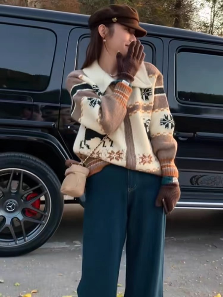 復古撞色翻領提花針織衫女秋冬2023新款聖誕毛衣外套慵懶寬鬆上衣