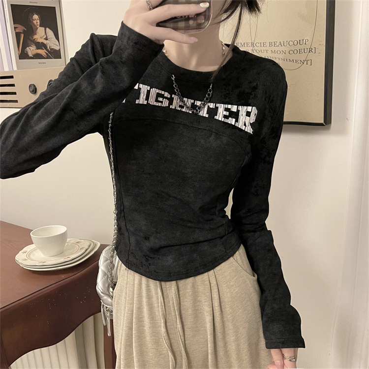 實拍美式辣妹短款上衣女冬扎染長袖t恤加絨加厚打底衫
