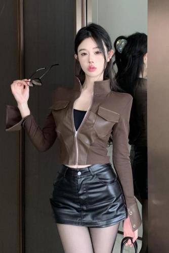 Real shot of designer spliced ​​PU leather short coat for women in autumn and winter lapel double zipper long-sleeved cardigan coat