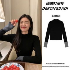 2024 Autumn/Winter New Color Block Long Sleeve T-shirt for Women, Half High Collar Fleece Thinsming Fitting Top Shirt, Layering Base Shirt, Instagram Style